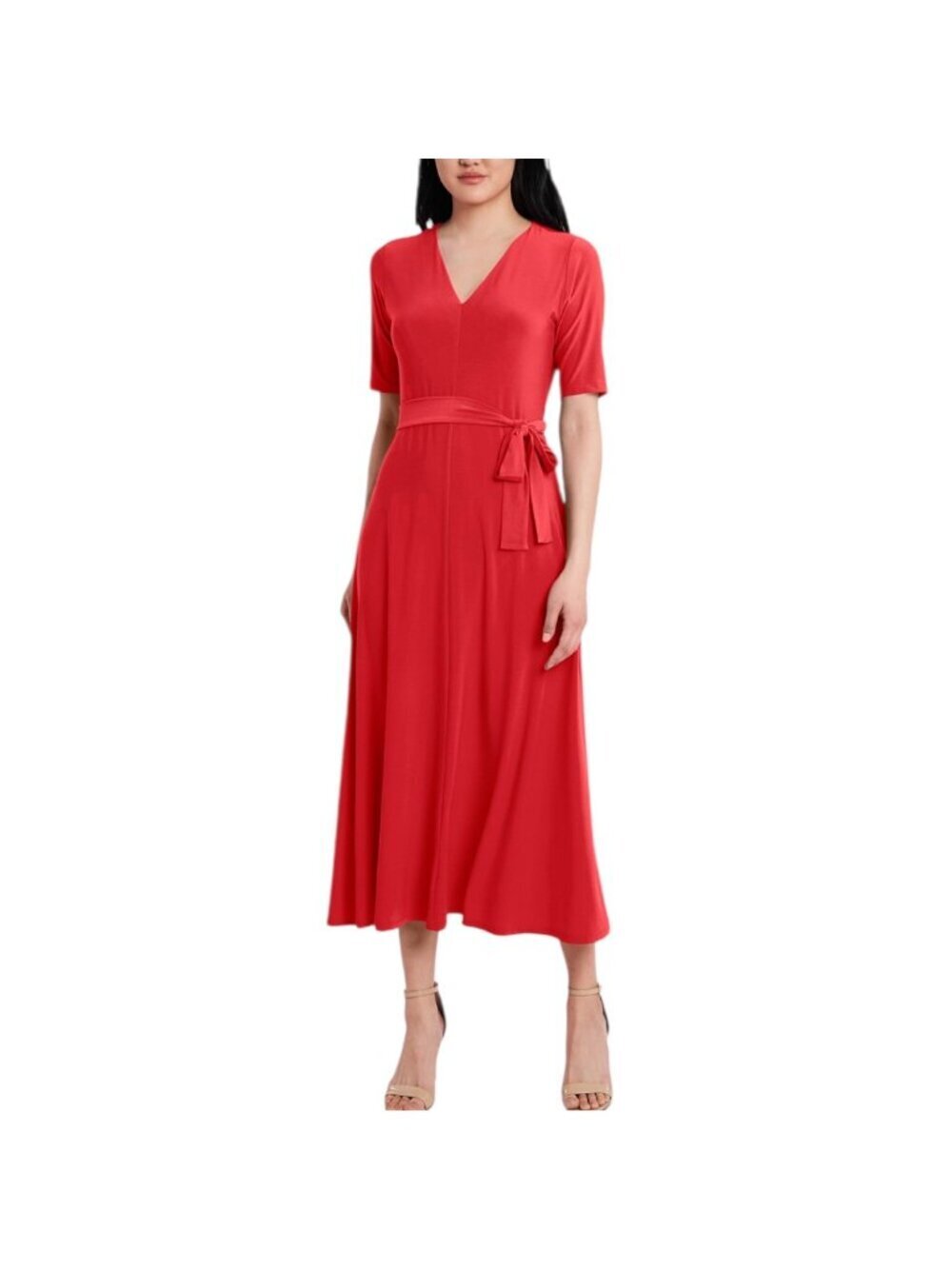 MSK NWT $69 Womens Red Jersey V-Neck Midi Dress With Belt Size S